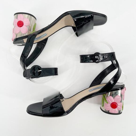 Prada Black Patent Leather Ankle Strap Flower Block Heel Sandal size IT 40 - Picture 5 of 12